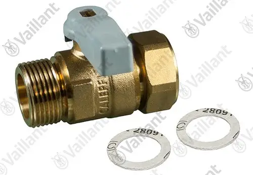 Vaillant Hahn mit Hebel und Außengewinde, neben zwei Unterlegscheiben. Der Hahn ist aus Messing gefertigt.